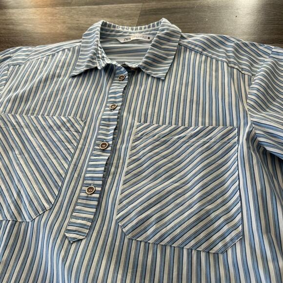 EUC Zara Blue White Striped Mini Shirtdress Size M Ruffle Hem Cotton Poplin - Picture 12 of 16